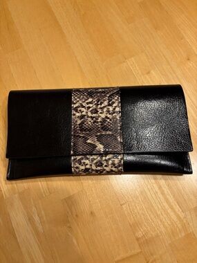 Floyd Black Leather Clutch w/ Snake-Print Accent opt CB chain handcrafted in US